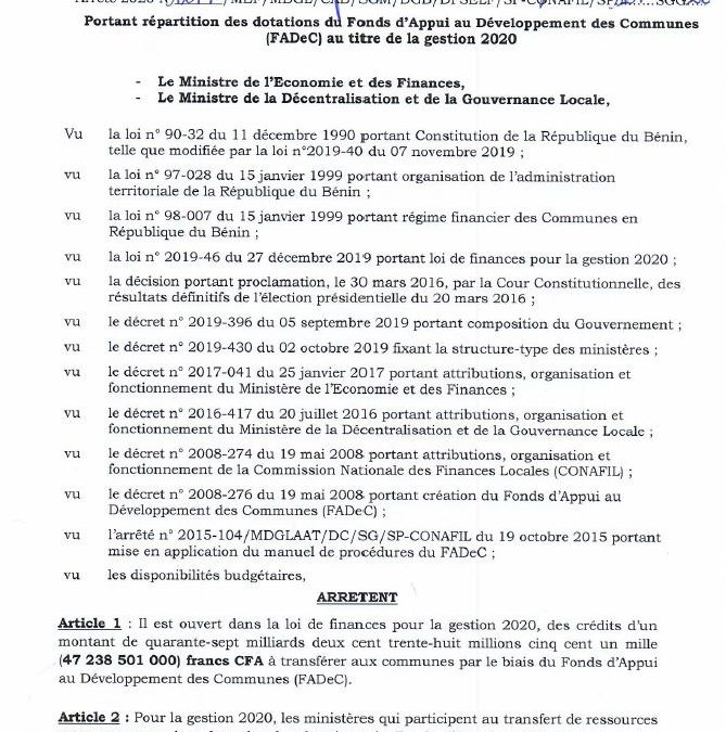 Arrêté portant répartition des dotations du FADeC au titre de la gestion 2020.