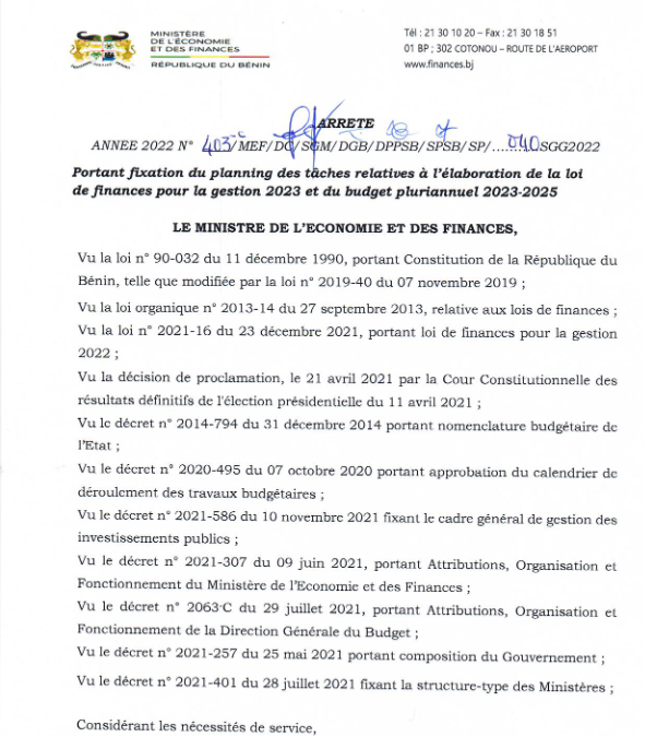 Calendrier budgétaire 2022