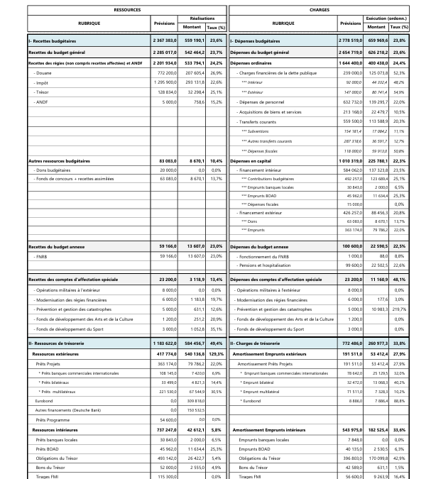 Rapport d’exécution au 31 mars de la loi de finances pour la gestion 2025