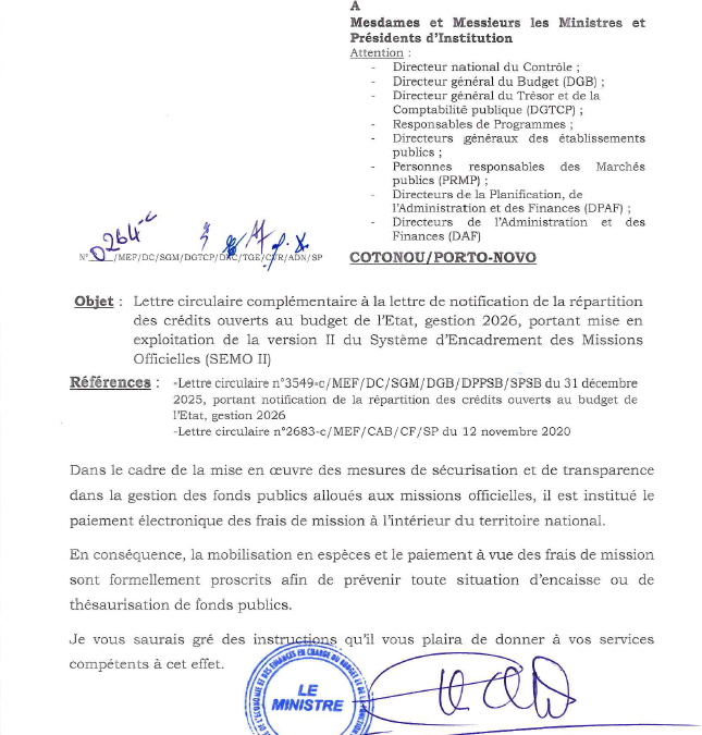 Lettre circulaire complémentaire à la lettre de notification de la répartition des crédits ouverts au budget de l’Etat, gestion 2026, portant mise en exploitation de la version II du Système d’Encadrement des Missions Officielles (SEMO II)