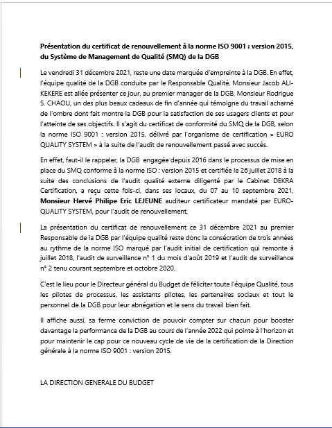 Présentation du certificat de renouvellement à la norme ISO 9001 : version 2015, du Système de Management de Qualité (SMQ) de la DGB