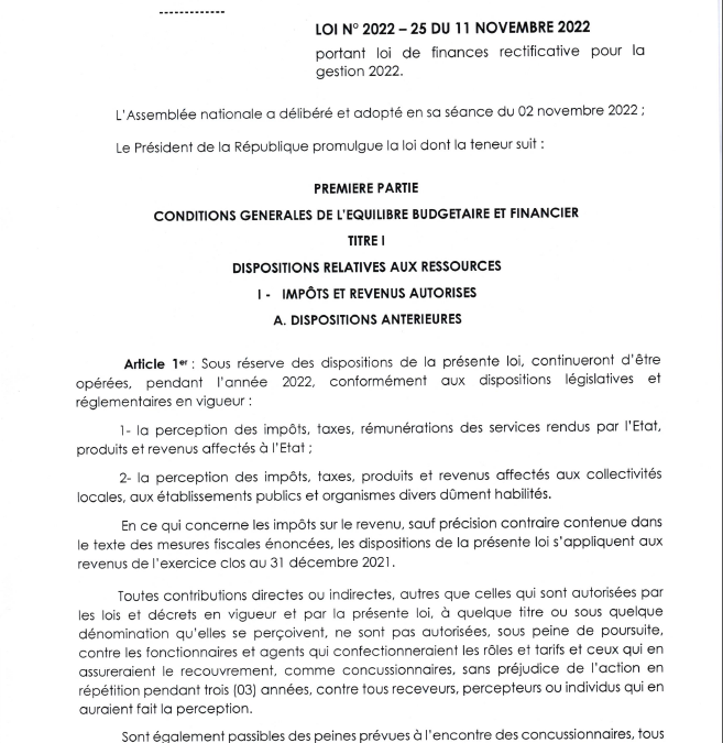 Loi N° 2022-25 du 11 Novembre 2022 portant loi de finances rectificative pour la gestion 2022
