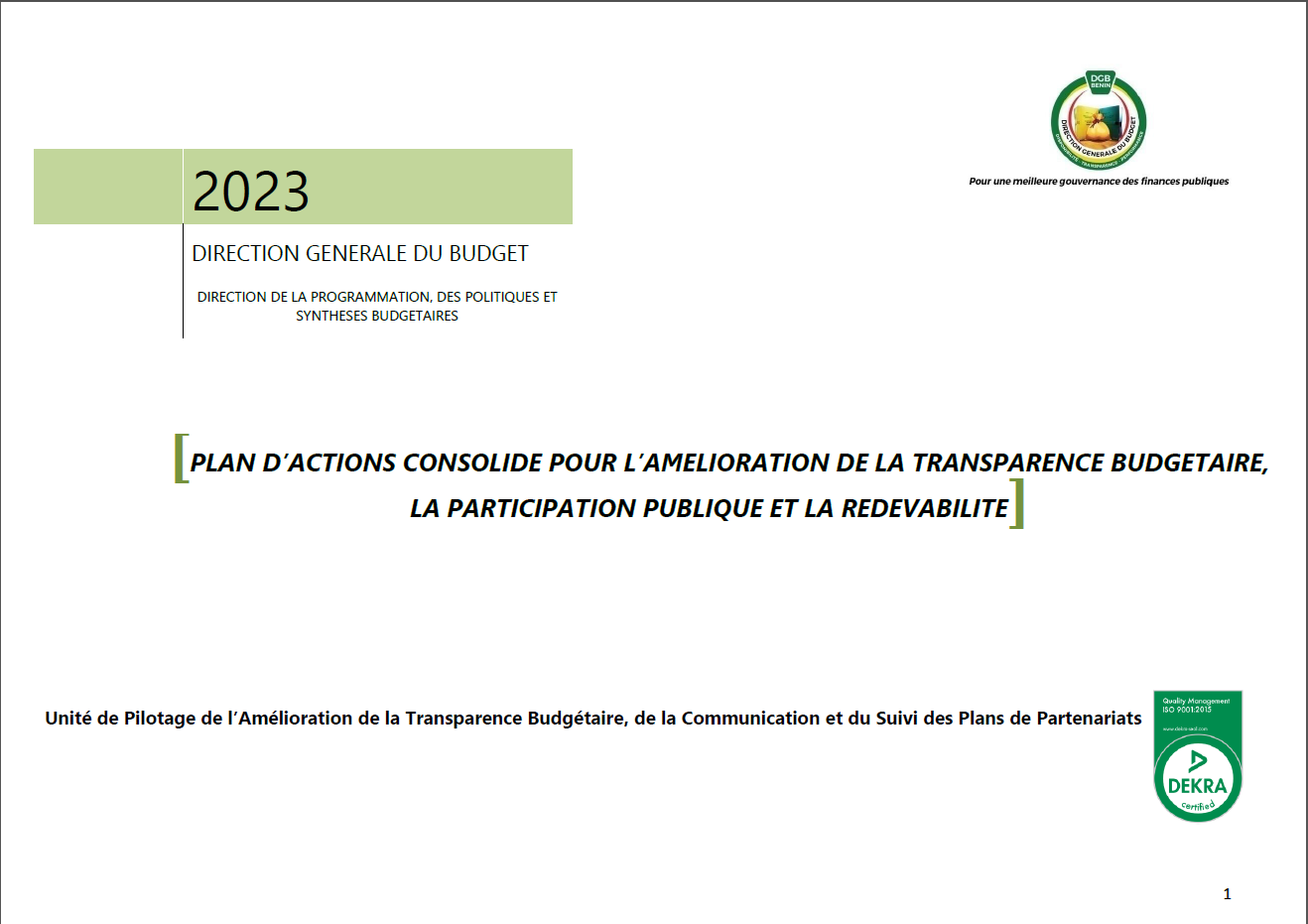 Plan d’actions consolidé 2023 pour l’amélioration de la transparence budgétaire, la participation publique et la redevabilité